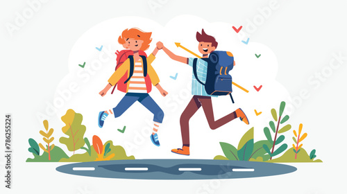 Boy and girl students with backpacks holding hands jum