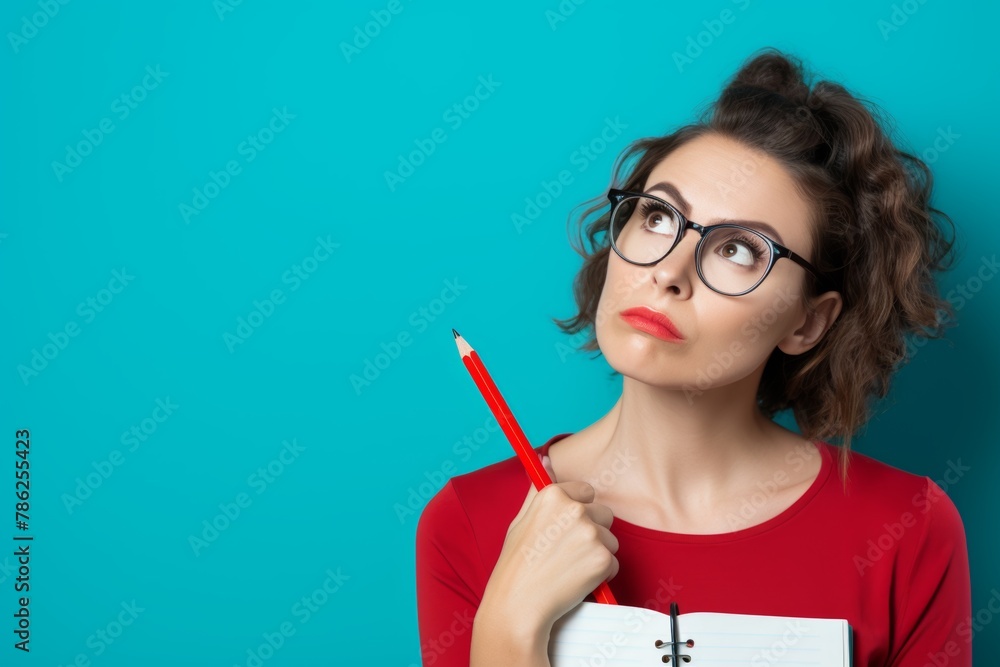 Creative woman thinking with pencil, aqua background. Creative woman thinking with pencil, aqua background.