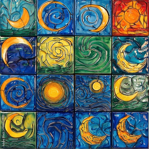 Renaissance artist inspired style tile pattern, bright colors, beautiful art 