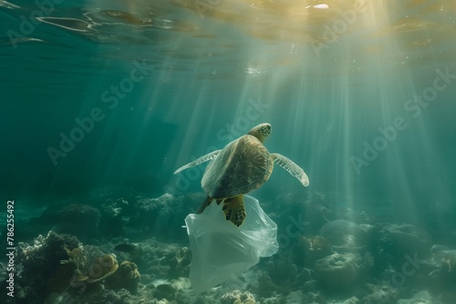 a large turtle in the ocean got entangled in a plastic bag. wide shot of a turtle swimming among the carals. sunlight penetrates the ocean floor photo