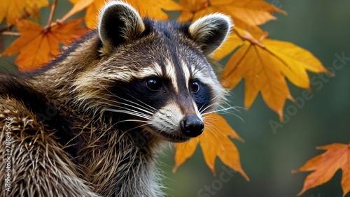 Beautiful portrait of a raccoon surrounded by orange autumn leaves. Animal mammal wildlife photography illustration. Procyon lotor. photo