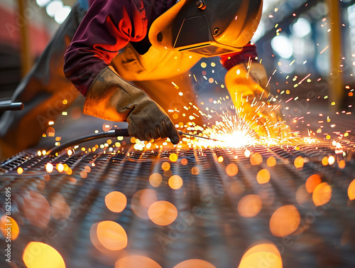 Sparks fly as a worker grinds metal with a handheld angle grinder at night.
