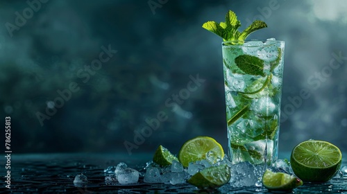 An elegant cocktail photograph featuring a refreshing mojito served in a tall glass, with sparkling clear ice cubes, muddled mint leaves, zesty lime wedges.