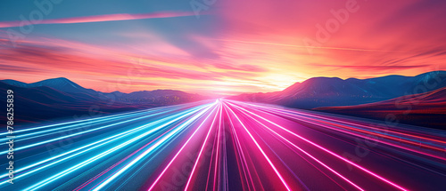 Streaking neon lines on a futuristic highway, suitable for a highspeed electric vehicle adgradient scheme
