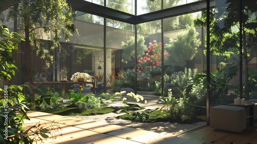 Glass walls reflecting tranquil garden views, inviting nature indoors harmoniously.