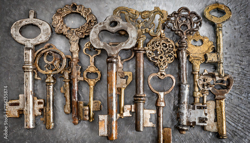 viele verschiedene alte rustikale Schlüssel, formatfülle photo