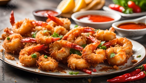 Crispy fried shrimp. Deep fry shrimp with Breadcrumbs on white plate with chilli sweet sauce. Top view photo