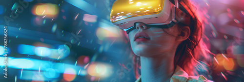 Virtual reality gaming space explores digital frontiers in business of interactive escapism. Young woman wearing virtual reality headset against night city background Mixed media. 

 photo
