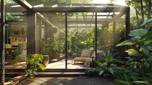 Modern sunroom seamlessly blending with the natural beauty of the garden.
