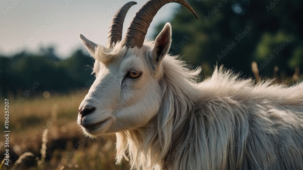 Fototapeta premium Beautiful portrait of horned white goat. Domestic animal mammal pet wildlife photography illustration. Capra hircus.