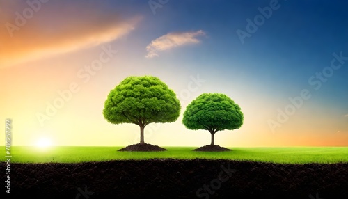 day green world and earth panorama tree growing with sunrise, green tree in the field