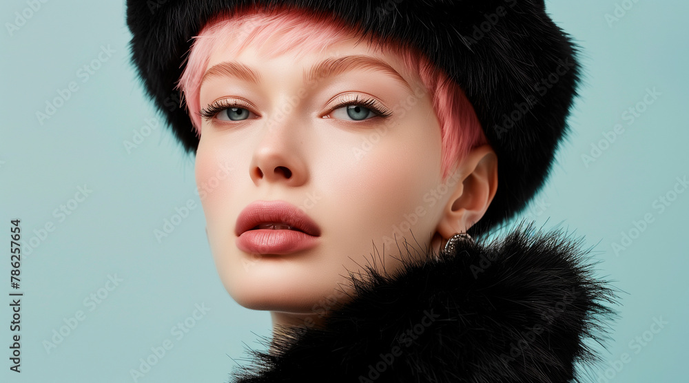 A female fashion model with short pink hair and wearing a black fur hat and coat. Flawless complexion. Skin care and cosmetics A female fashion model with short pink hair and wearing a black fur hat and coat. Flawless complexion. Skin care and cosmetics