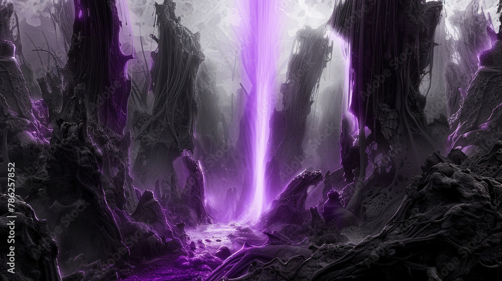 Fototapeta premium Purple glow weaves mystery in monochrome spires.