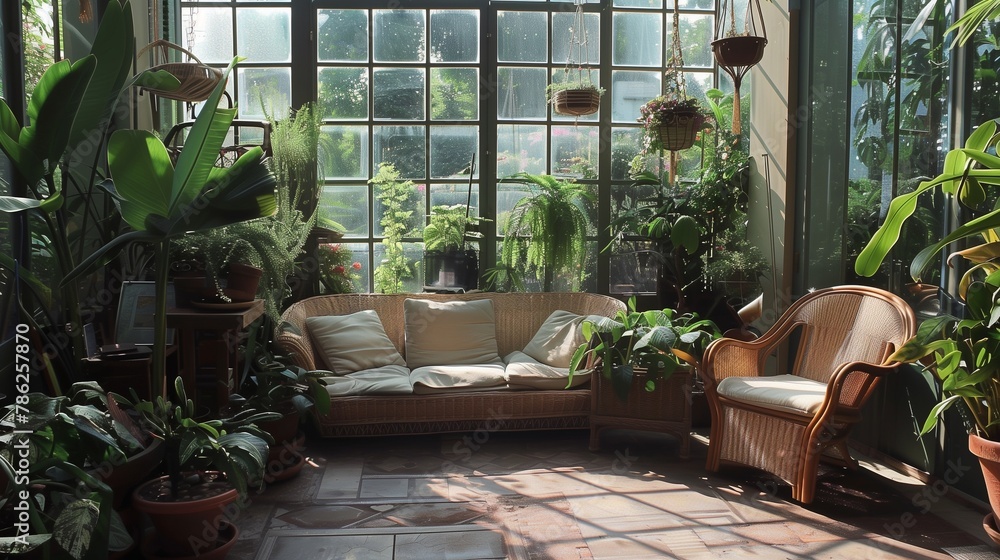 Sun-soaked conservatory with minimalist furnishings blending with botanical abundance.