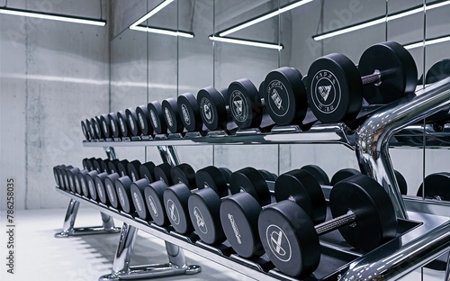 Modern Gym Interior Boasting Chrome Dumbbells Neatly Arranged on a Black Rack