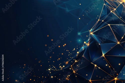 Blue polygonal background with golden lines. Geometric abstract background with triangles.