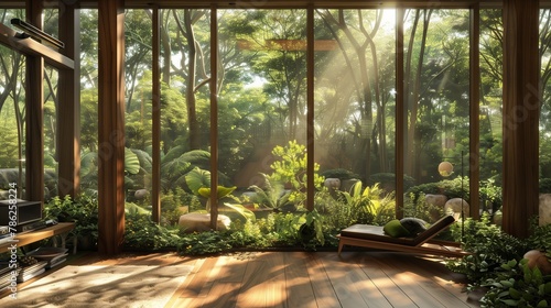 Sunlight filtering through the modern sunroom, illuminating the verdant garden below.