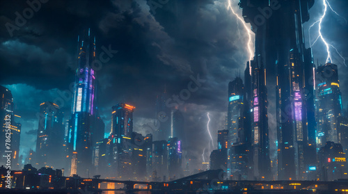 City of the future in a night storm