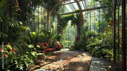Tranquil conservatory space inviting relaxation amidst lush garden greenery.