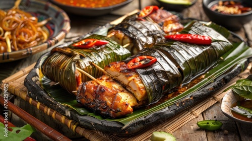Asian cuisine featuring a variety of wok fried BBQ grilled seafood dishes served with spicy onion and chili sambal sauce wrapped in banana leaves at a high end halal and vegan dining establ