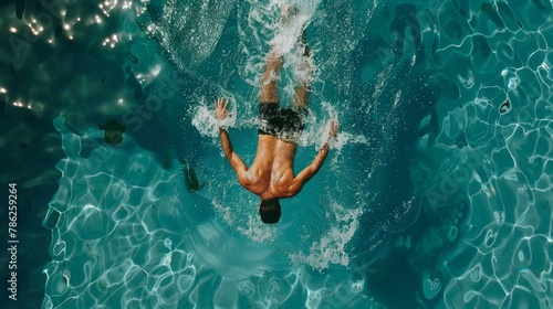Aerial Top View Male Swimmer Swimming in Swimming Pool. photo