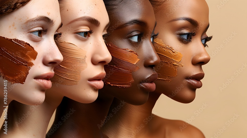 A powerful representation of diversity and beauty featuring women of different ethnicities, each with a bold stroke of foundation on their cheek, showcasing the art of makeup across skin tones. A powerful representation of diversity and beauty featuring women of different ethnicities, each with a bold stroke of foundation on their cheek, showcasing the art of makeup across skin tones.