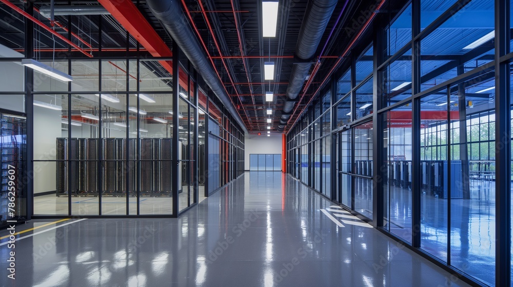 Modern data center corridor featuring glass walls, organized server racks, and vibrant colored lighting, creating a sleek technological environment. Modern data center corridor featuring glass walls, organized server racks, and vibrant colored lighting, creating a sleek technological environment.