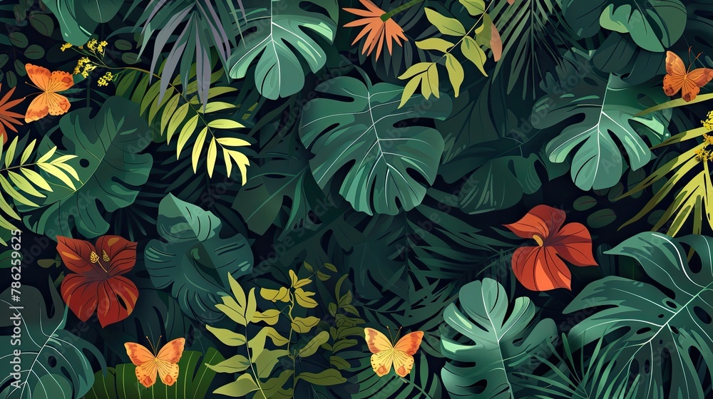 Colorful botanical background with tropical flowers and leaves in flat style Colorful botanical background with tropical flowers and leaves in flat style