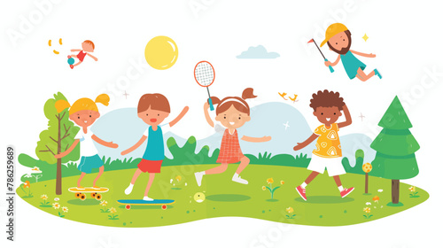 Children play in summer park vector illustration. Cart
