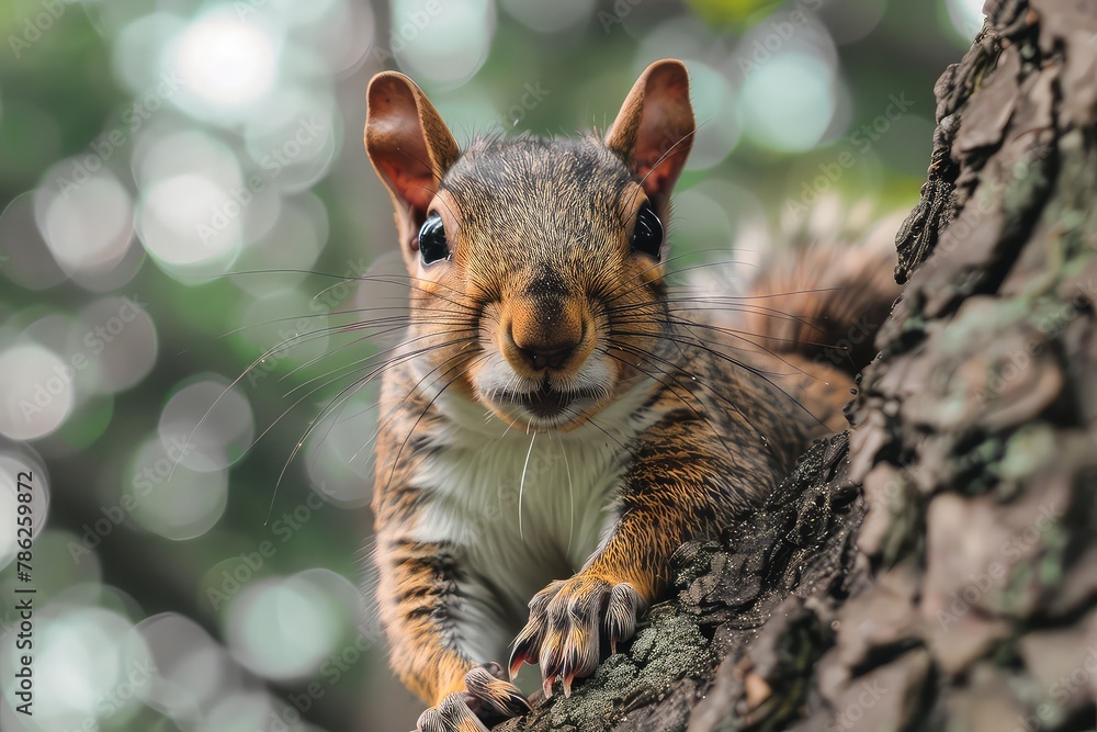 Obraz premium A funny curious squirrel in a city park looks straight into the camera. Close-up portrait. The squirrel's direct stare captures the essence of urban wildlife.
