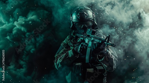 Bearded soldier of special forces in action pointing target and giving attack direction. Burnt ruins  Heavy explosions  gunfire and smoke billowing on background