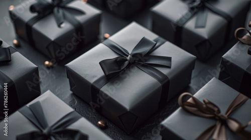 Black Friday marketing concept represented by black gift boxes arranged on dark background.
