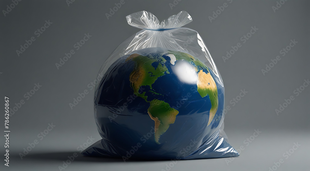Earth In A Plastic Polyethene bag on an isolated background with copy space, Earth day concept, Illustration Style, isolated