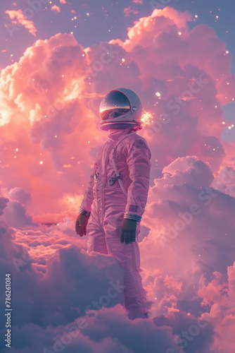 Boldly dressed astronaut standing against billowing clouds, embodying courage and strength in a cosmic setting.