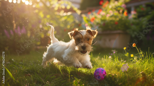 A lively young dog gambols in the sunny garden, chasing after a colorful toy with enthusiasm. photo
