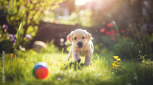 A lively pup plays joyfully in the sunny garden, pursuing a vibrant toy.
