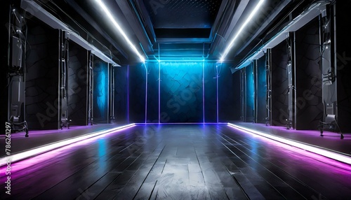 Wallpaper Triangle tunnel or corridor sepia colors neon glowing lights. Laser lines and LED technology create glow in dark room. Cyber club neon light stage room.