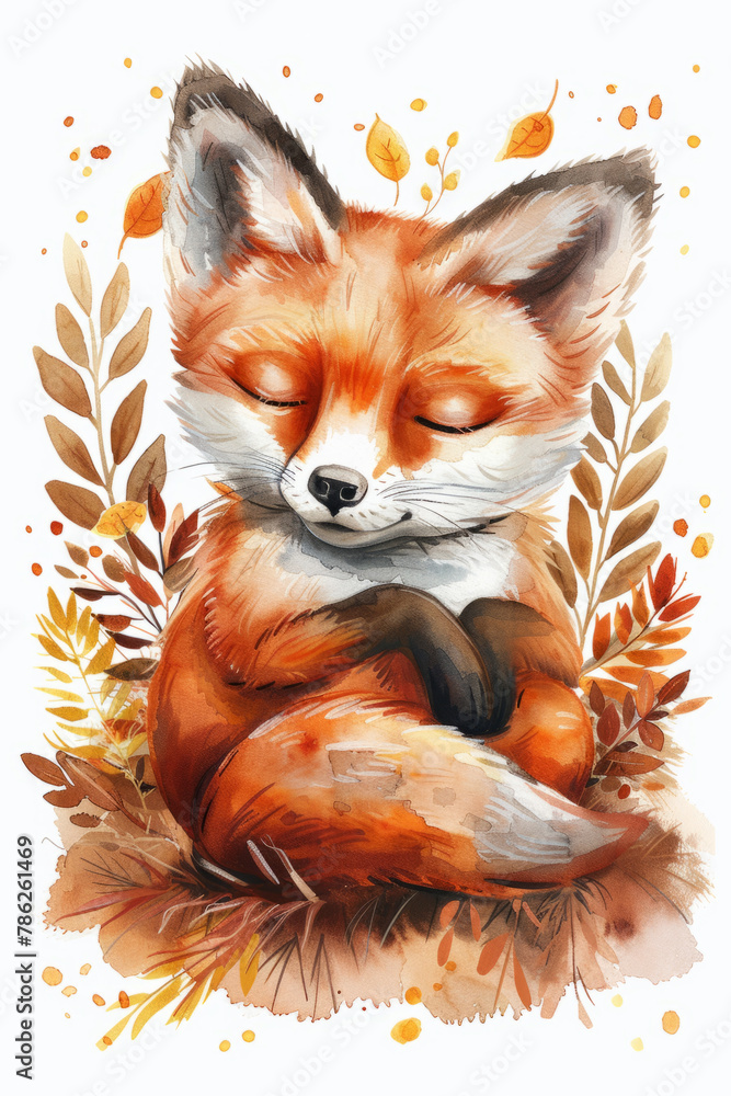Fototapeta premium Watercolor painting of a cute baby red fox sleeping with a happy smile and a crescent moon tail, isolated for a baby room or nursery room frame.