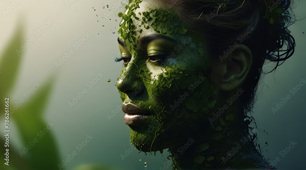 An Artistic image of mother earth portrait made up of water plants and wind. World environment day concept, green, algae