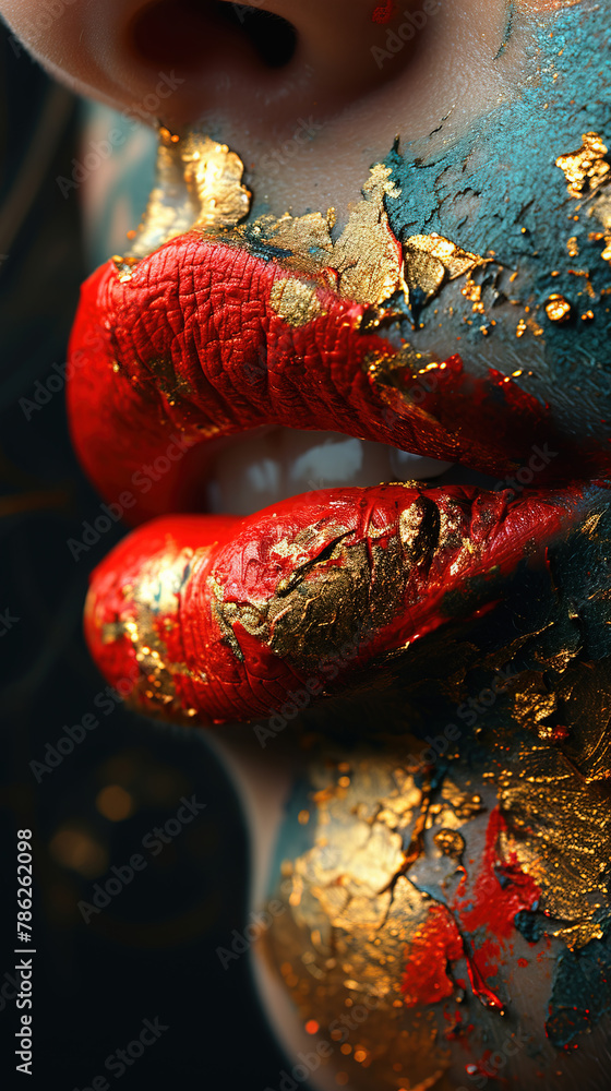 Naklejka premium Beauty Portrait of An Attractive Sensual Young Brunette Woman Lips With Red and Gold Color Lipstick Background Bokeh