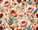 Seamless poppy flowers illustration pattern, spring wallpaper design. Generative ai