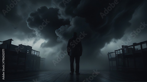 A man surrounded all around by black clouds in a room, concept photo, mental health, Darkness, dark themed, wide rear shot, terace photo