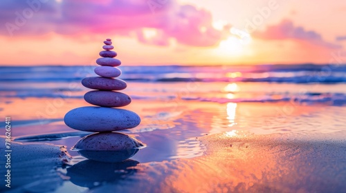 Stack of zen stones on the beach at sunset. Zen and harmony concept. copy space.