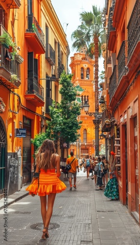 Solo traveler in spain s old town  backpacker exploring charming streets on vacation photo
