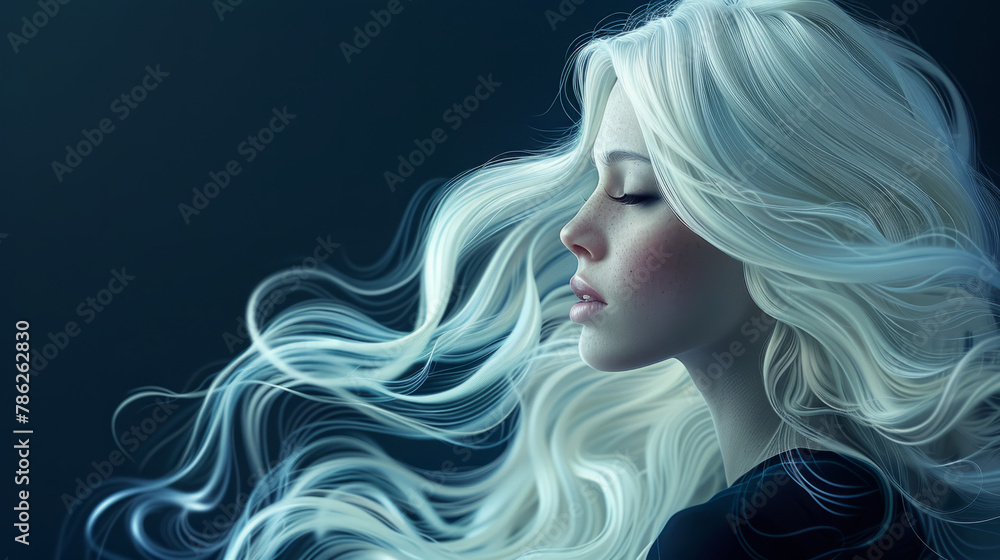 A digital illustration of a young woman with long blonde hair, styled in glossy wavy white hair, set against a dark background.