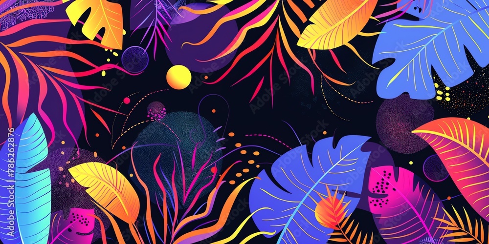 vector illustration of boho abstract shapes and tropical leaves, neon colors