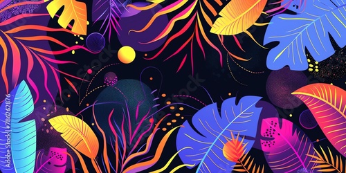 vector illustration of boho abstract shapes and tropical leaves  neon colors