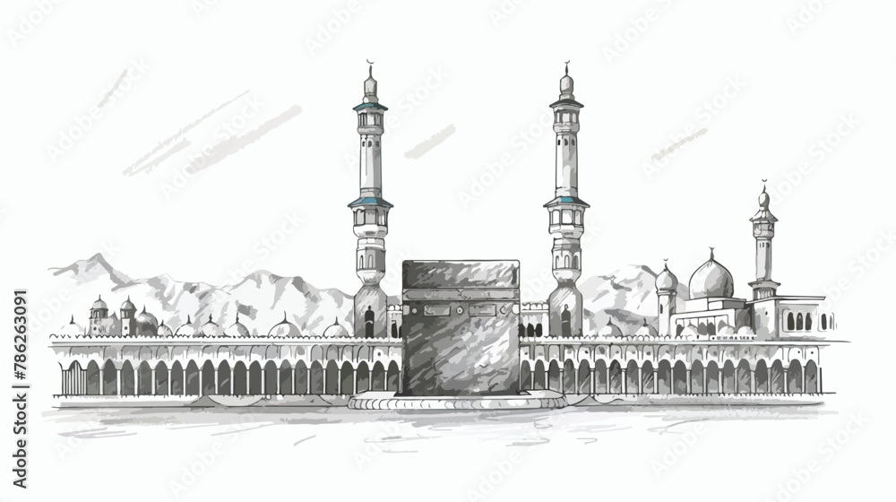Kaaba and masjid prophetic pencil drawing flat vector