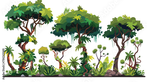 Jungle scene with trees that have robotic limbs