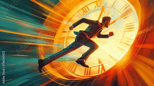 A hustling businessman sprints inside a clock, racing against time in a corporate worldgradient scheme 
